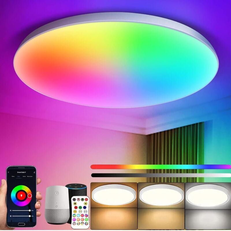 Plafonnier led Dimmable, Smart Luminaire Plafonnier Couleur Avec Alexa, Lampe Plafond Avec Telecommande Et Contrôle app pour