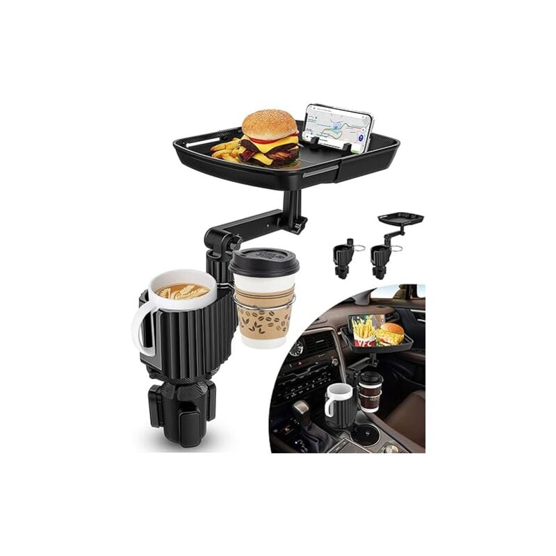 Lntyq - Plateau porte-gobelet extensible pour voiture, plateau repas pivotant à 360°, plateau repas pour voiture avec fente pour téléphone portable,