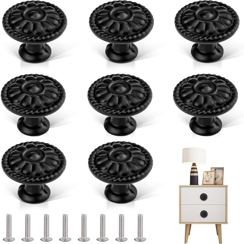 Lntyq - Poignee de Meuble 8 Pièces Bouton de Porte Noir Rond Boutons de Tiroir Boutons de Placard Vintage Ronds Poignées Bouton de Meuble Pour