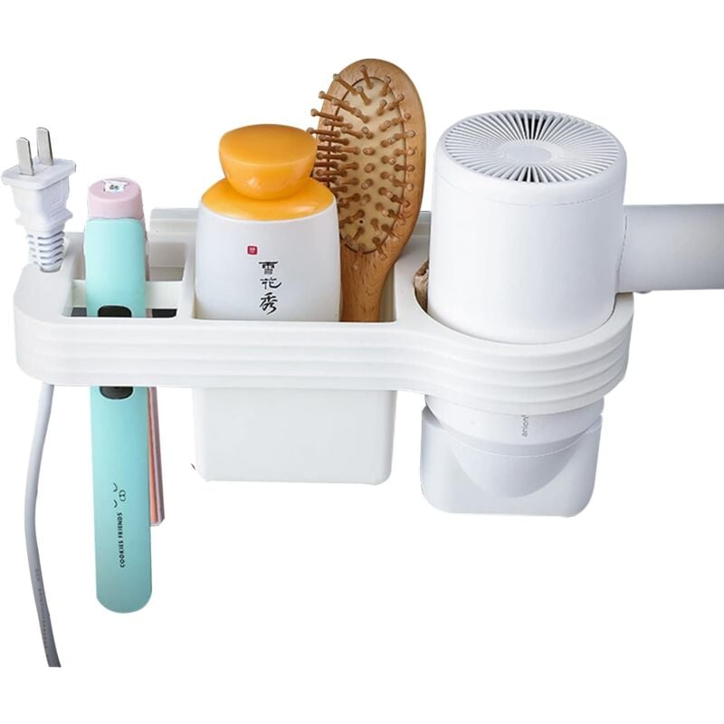 Porte Sèche Cheveux, Porte Lisseur Porte Seche Cheveux avec Range-Câbles, Support Seche Cheveux sans Percage Support Mural pour Organisateur de