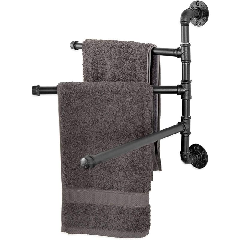 Lntyq Porte-serviettes mural en métal de style industriel avec 3 barres rotatives, sèche-serviettes noir, accessoires de toilette pour salle de bain,