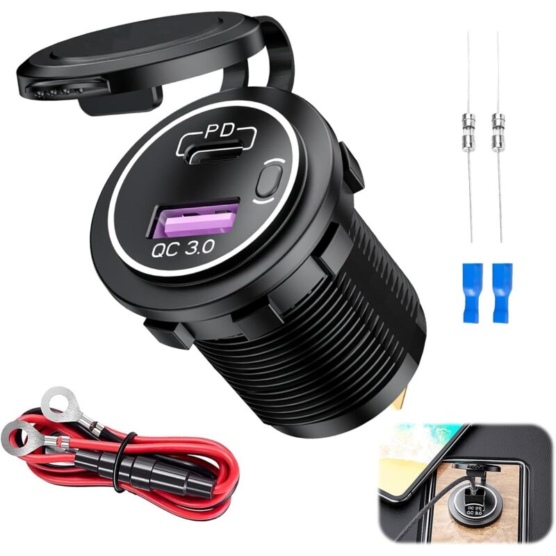 Lntyq - Prise de Chargeur de Voiture Rapide usb c 48W, Chargeur Allume-Cigare usb c 12V-24V avec pd 30W et QC3.0 18W, Étanche, pour Camion Bateau