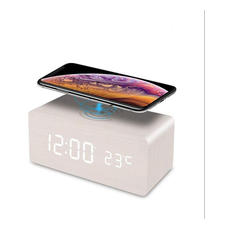 Lntyq - Réveil Numérique Bois avec Chargeur sans Fil, Réveil Numérique en Bois avec Affichage led de l'Heure, de la Température, Contrôle Sonore pour