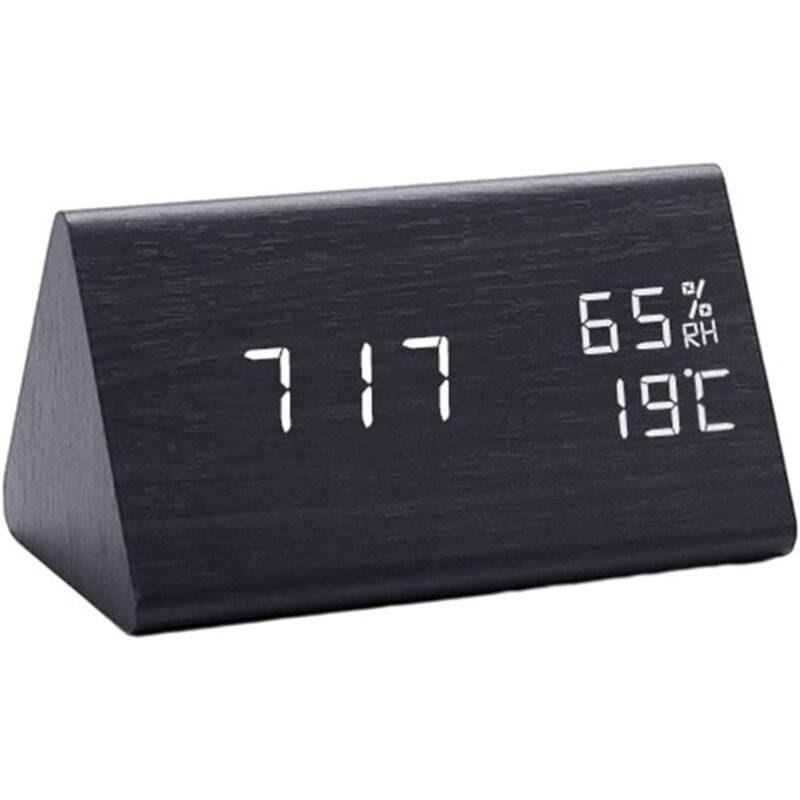 Lntyq - Réveil numérique en bois, température et humidité, affichage led transparent, horloge de chevet en bois (noir)