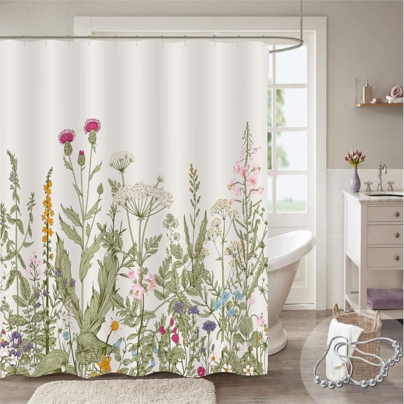 Rideau de douche extra long 72' x 72' de long, tissu de rideau de douche haut à fleurs vintage, herbe de fleurs sauvages de printemps colorées,