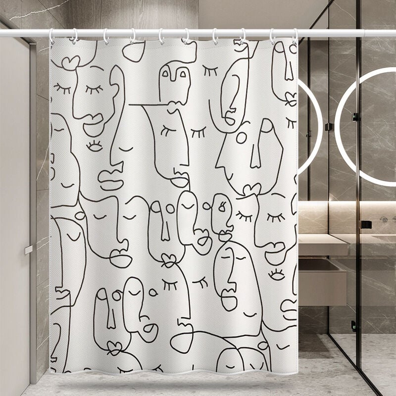 Rideau de douche noir et blanc moderne et simple avec visage abstrait, rideau de salle de bain en tissu épais, doublure imperméable non lavable,