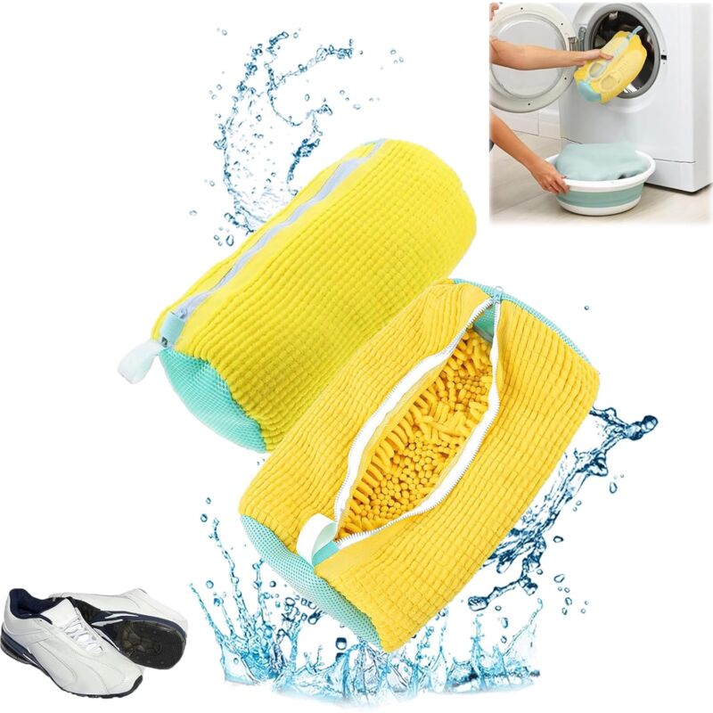 Lntyq Sac Lavage Chaussures Machine à Laver, Sac Lavage Chaussures 2 Pièces,avec peluches de nettoyage à 360°, Sacs à Linge Pour Chaussures