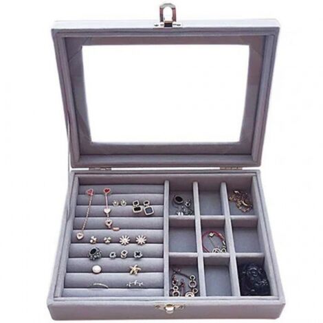 Lntyq Schmuckschatulle aus Samt, graues Schmucketui mit transparentem Glasdeckel, Schmucketui zur Aufbewahrung von Ringen, Halsketten, Armbändern, Ohrringen