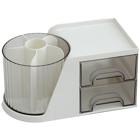 Lntyq Schreibtisch-Organizer, 360° drehbarer Stifthalter mit 2 Schubladen, multifunktionale Aufbewahrungsbox für Zuhause, Schule, Büro, Kosmetik, Bleistifte, Künstlerbedarf, Weiß