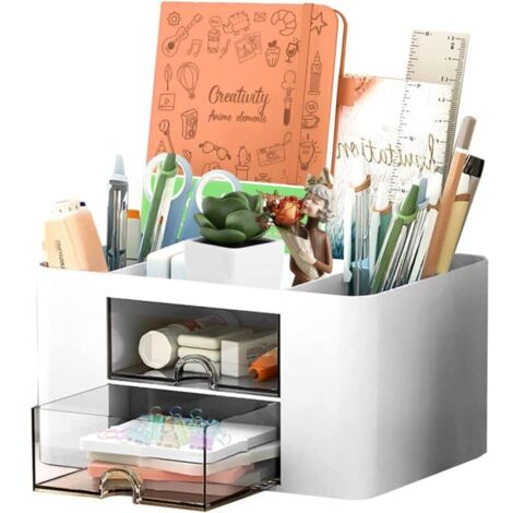 Lntyq Schreibtisch-Organizer, 5 Fächer, Stifthalter, Schreibtisch-Tisch-Organizer mit Schublade, multifunktionaler Schreibtisch-Organizer, Weiß