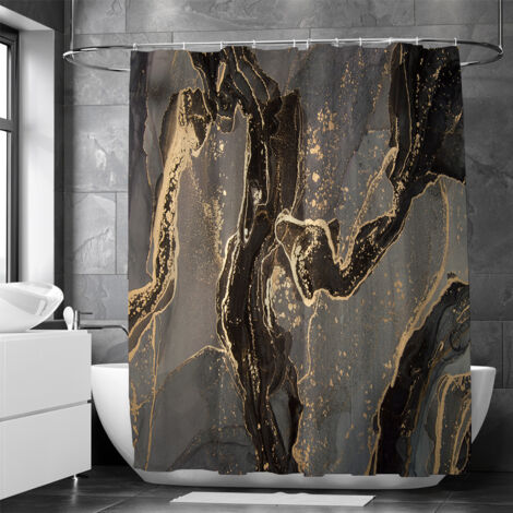 Lntyq Schwarz-goldener Duschvorhang, goldener Marmor-Effekt, kleine Größe, Anti-Schimmel-Badvorhang, wasserdicht, waschbar, Badezimmervorhang aus Polyestergewebe mit Haken, 80 x 180 cm
