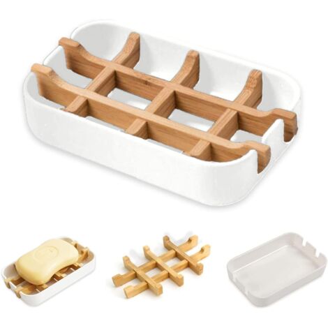 Lntyq Seifenschale aus natürlichem Bambus mit Abfluss, langlebig, schimmelresistent, natürliche Seifenbox für Dusche, Badezimmer, Küche und Waschbecken (1 Set (weiß))