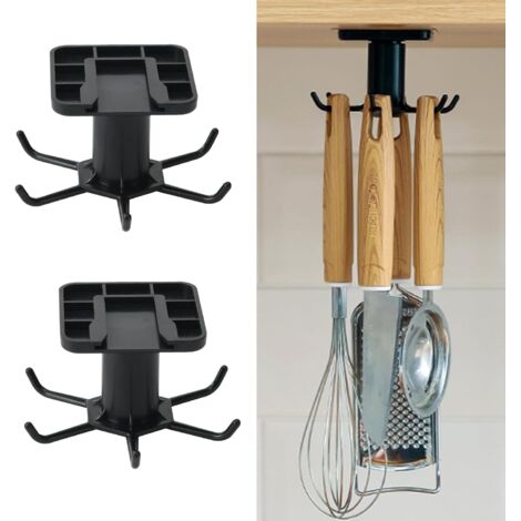 Lntyq Set mit 2 Küchenutensilienhaltern, Küchenutensilienstange, Küchenutensilienregal mit 6 Haken, kein Bohren erforderlich, 360° drehbarer Küchenutensilienhalter, für die Küche (Schwarz)