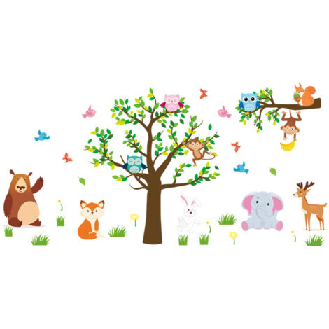 Lntyq Set Tier Baum Wand Aufkleber Bär Fuchs Hirsch Wand Aufkleber Kinder Baby Kindergarten Schlafzimmer Spielzimmer Wand Dekor