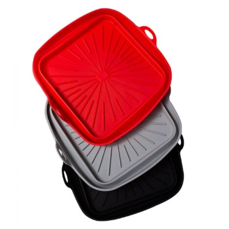 Lntyq Silikonform für Heißluftfritteuse, 3-teilig, wiederverwendbare Fritteusenkorbform, faltbare quadratische Airfryer-Einlage für Heißluftfritteuse, Mikrowelle, Backofen (Rot + Schwarz + Grau)
