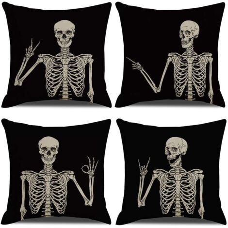 Lntyq Skelett Kissenbezüge 18x18, Schwarzer Totenkopf Outdoor Kissenbezug, 4er Set dekorative Kissenbezüge, Gothic Kissenbezug für Schlafsofa, Autostuhl, Wohnzimmer