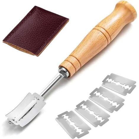 Lntyq Slashing Outil, Lame à pain, Lame pour Pâte, Manche en Bois Couteau a Pain, Bread Lame, Lame Boulanger, Rasoir à pain,Pinceau Cuisine, avec 5 Lames Réchanges, pour Graver des Motifs de Pain
