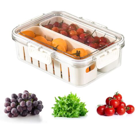 Lntyq Snackbox mit Deckel, Snackteller mit 2 herausnehmbaren Fächern, transparente Kühlschrank-Aufbewahrungsbox mit Deckel für Obst und Gemüse