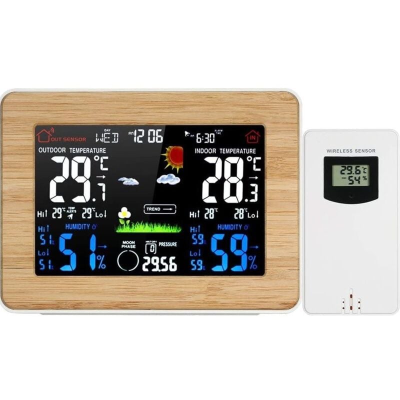Station météo sans Fil Horloge de météo colorée numérique avec capteur extérieur Thermomètre extérieur intérieur avec Date Température Humidité