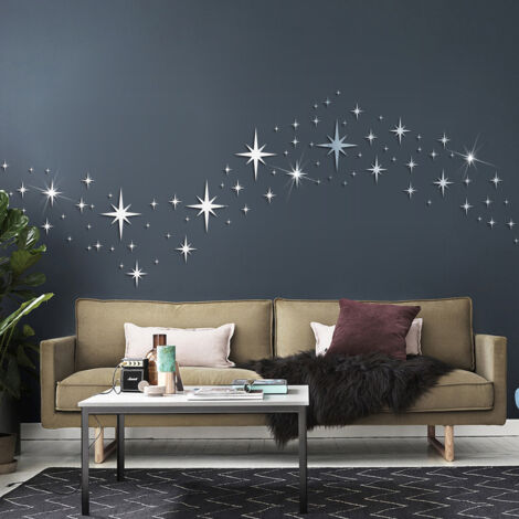 Lntyq Sternspiegel, 82 Stück 3D-Stern-Wandaufkleber, silberfarben, abnehmbarer Wandspiegel-Aufkleber, Kind, Acryl, dekorativer Wandspiegel-Aufkleber für Schlafzimmer-Dekor im Wohnzimmer (Silber)