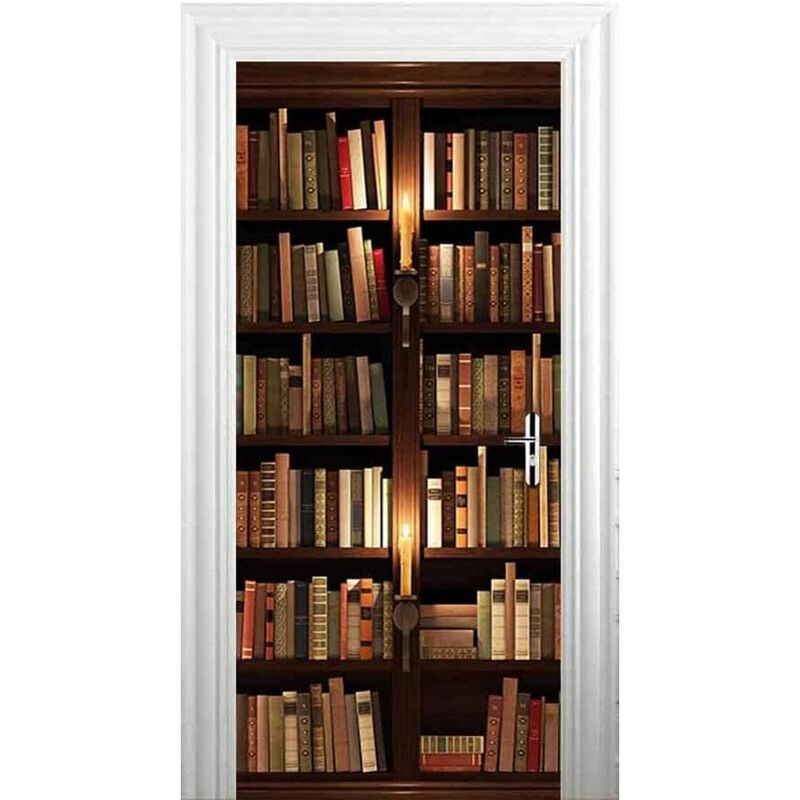 Lntyq - Sticker Porte 3D Trompe l'oeil Effect, Livre De Bibliothèque Interieure Papier Peint Peintures Murales Imperméable Amovible Autocollants