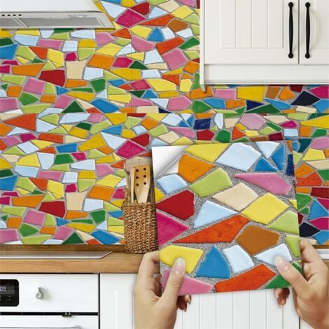 Lntyq Stickers Cuisine Briques Colorées Credence Adhesive Pour Cuisine,Carrelage Adhesif Mural,Stickers Muraux Cuisine Salle De Bains,Pvc Imperméable Carrelage Adhesif Mural 10 PC(20x20cm)