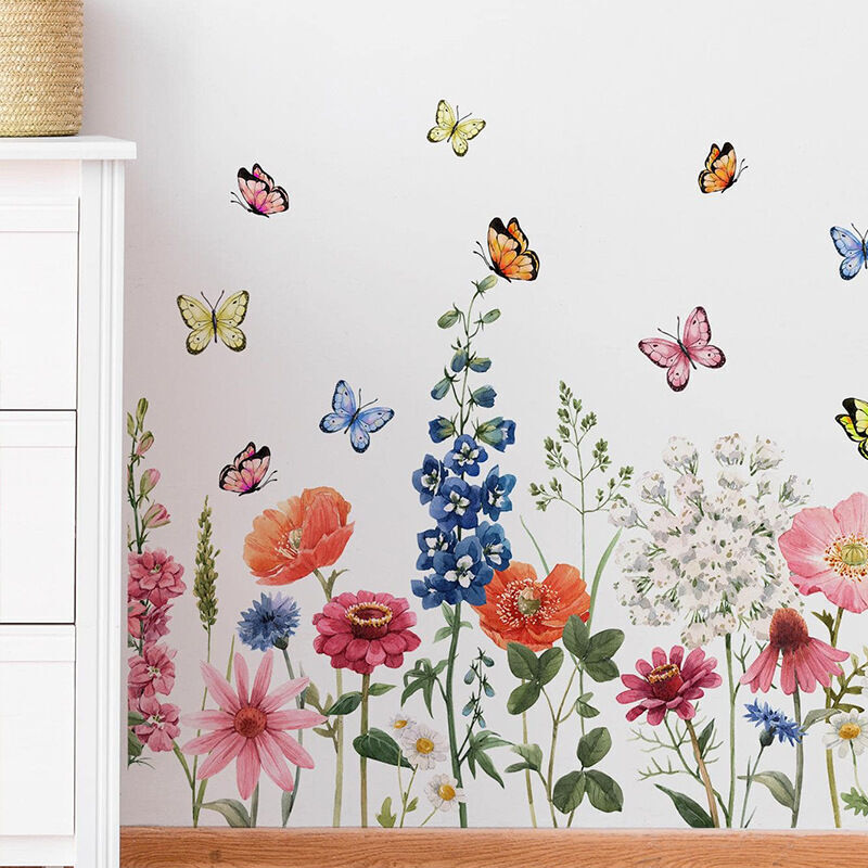 Stickers Muraux Fleur de Jardin Autocollant Mural Stickers Muraux Fleur Plante Papillon Décoration Murale pour Fond de Canapé Chambre Salon (Couleur)