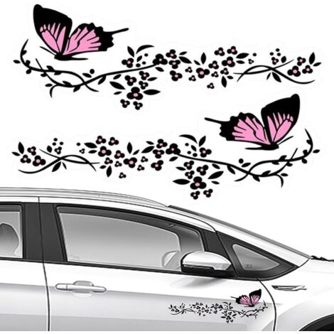 Lntyq Stück Autoaufkleber, Autoaufkleber mit Schmetterlings- und Blumenmuster, personalisierte Aufkleber für Autohaube, Motorrad, Skateboards, Koffer, Wände (Schwarz und Pink)