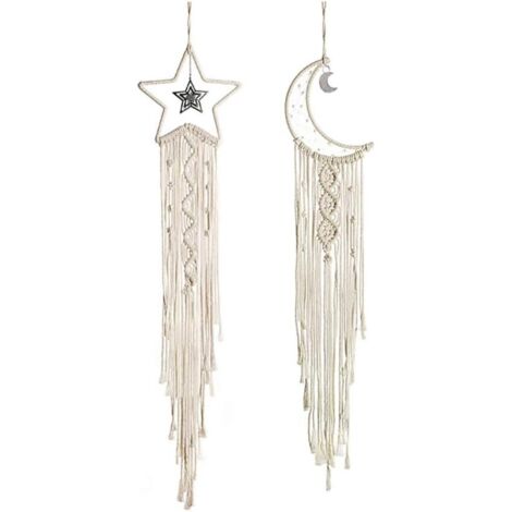 Lntyq Stück Makramee-Wandbehang, Stern-Mond-Traumfänger, Wandteppich, Bohemian-Heimdekor, handgewebte Dekoration für Schlafzimmer, Hochzeit, Zuhause, Ornament, Handwerk, Geschenk (Beige)
