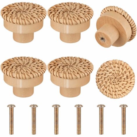 Lntyq Stück Möbelknöpfe aus Holz und Rattan, Schubladengriffe, runde Türknöpfe für Schränke, Kleiderschränke, Kommoden, Küchenmöbel, Griffe, Knöpfe – Braun
