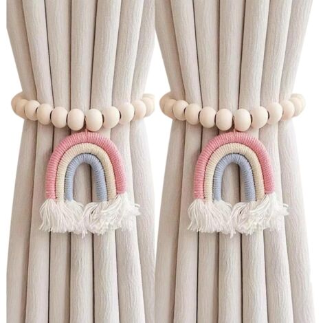 Lntyq Stück Vorhang-Raffhalter, Vorhanghalter mit Regenbogen-Quastenanhänger, Vorhanghalter aus Holzperlen, Vorhanghalter ohne Stanzen, Fensterbehandlung für Schlafzimmer