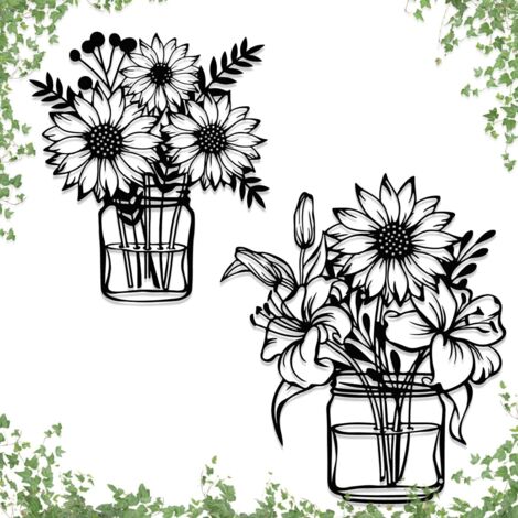 Lntyq stücke Metall Schwarz Blume Wand Kunst Blume Wand Dekoration Sonnenblumen Wand Skulptur Blume Hof Balkon Bad Home Decor