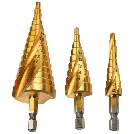Lntyq Stufenbohrer, HSS-Spiralnut, 3 Stück, 4–12 mm/4–20 mm/4–32 mm, Titanbeschichtetes Bohrwerkzeug, multifunktionaler Sechskantschaft aus Hochgeschwindigkeitsstahl