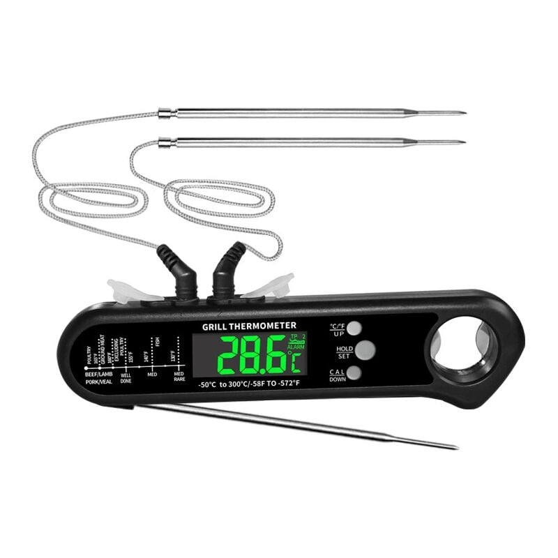 Thermomètre Alimentaire à Lecture Instantanée avec 2 Sondes Filaires Détachables, Étalonnage, Fonction D'Alarme - Lntyq