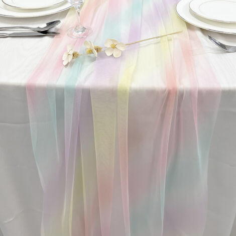 Lntyq Tischläufer aus Gaze, 75 x 275 cm, Regenbogenfarbener Farbverlauf, farbenfrohe Tischdekoration für Hochzeiten, Geburtstage, Kommunionen, Feiertage und Partys