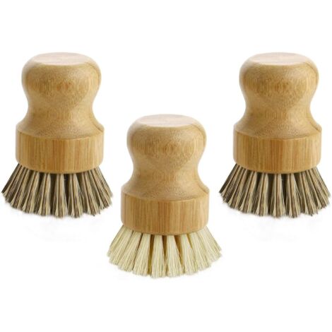 Lntyq Topfbürste aus Palmenholz, Mini-Spülbürste aus Bambus, runde Reinigungsbürste für Gusseisenherde, Töpfe, Gemüse, Küche, Haushaltsreinigung, 3er-Pack