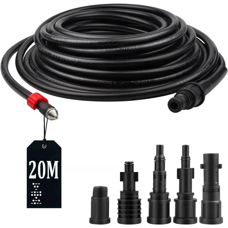 Lntyq - Tuyau de 20 m pour nettoyeur haute pression 5 adaptateurs 180 bar 60°C, kit de nettoyage de canalisations pour nettoyeur haute pression