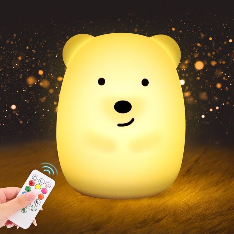 Lntyq - Veilleuse Bébé Ours, Veilleuse Enfant, Veilleuse en Silicone, Veilleuse Led Rechargeable, avec Fonction Minuterie, Télécommande, Veilleuse