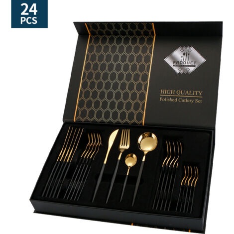 Lntyq Vergoldetes Edelstahl-Besteckset, 24-teiliges Messer-Gabel-Löffel-Set, Geschirr-Geschenkbox (schwarz)
