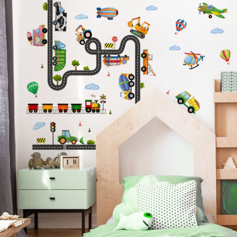 Lntyq Wandaufkleber mit Cartoon-Flugzeugen, Wolken, LKW, Zug, Wandtattoo, selbstklebende Wanddekoration für Wohnzimmer, Schlafzimmer, Küche
