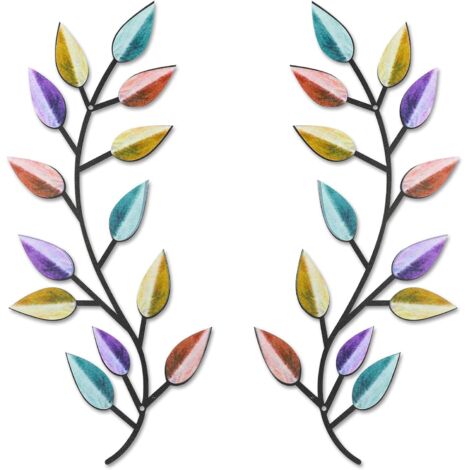 Lntyq Wanddekoration aus Metall in Form von Baumblättern, 2 Stück, Wandornament mit Weinreben- und Olivenzweigmotiv, hängende Wandskulptur (farbig)