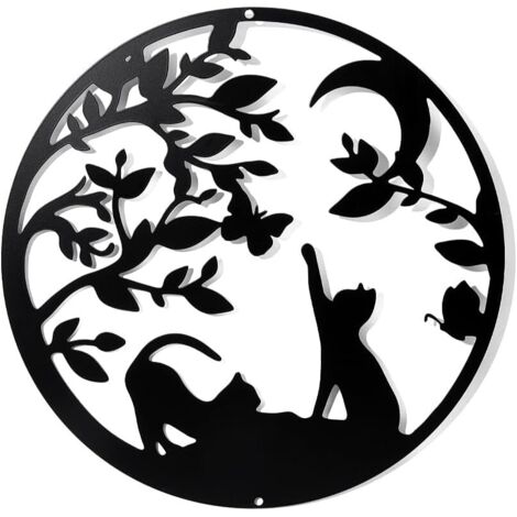 Lntyq Wandkunst aus Metall mit Katzenmotiv, schwarzes Hängedekor, Silhouette, Wandkunst für Zuhause, Schlafzimmer, Wohnzimmer, Badezimmer, Küche, Büro, Garten, Hotel, Wanddekoration, 30 cm Durchmesser