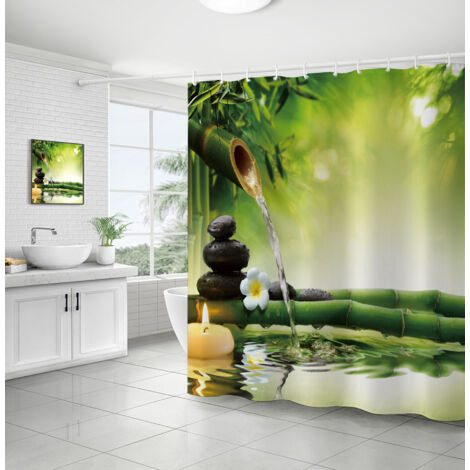 Lntyq Wasserdichter, schimmelresistenter Duschvorhang aus Polyestergewebe, maschinenwaschbar, Duschvorhänge mit 12 Haken für Badezimmer, 180 x 180 cm (grüner Bambus)