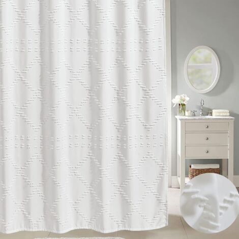Lntyq Weißer Duschvorhang im Boho-Farmhouse-Stil, 183 x 183 cm, moderner Shabby-Chic-Stil, strukturiert, getuftet, marokkanische Geometrie, minimalistisch, süßer Stoff, Badezimmer-Duschvorhang-Set, wa