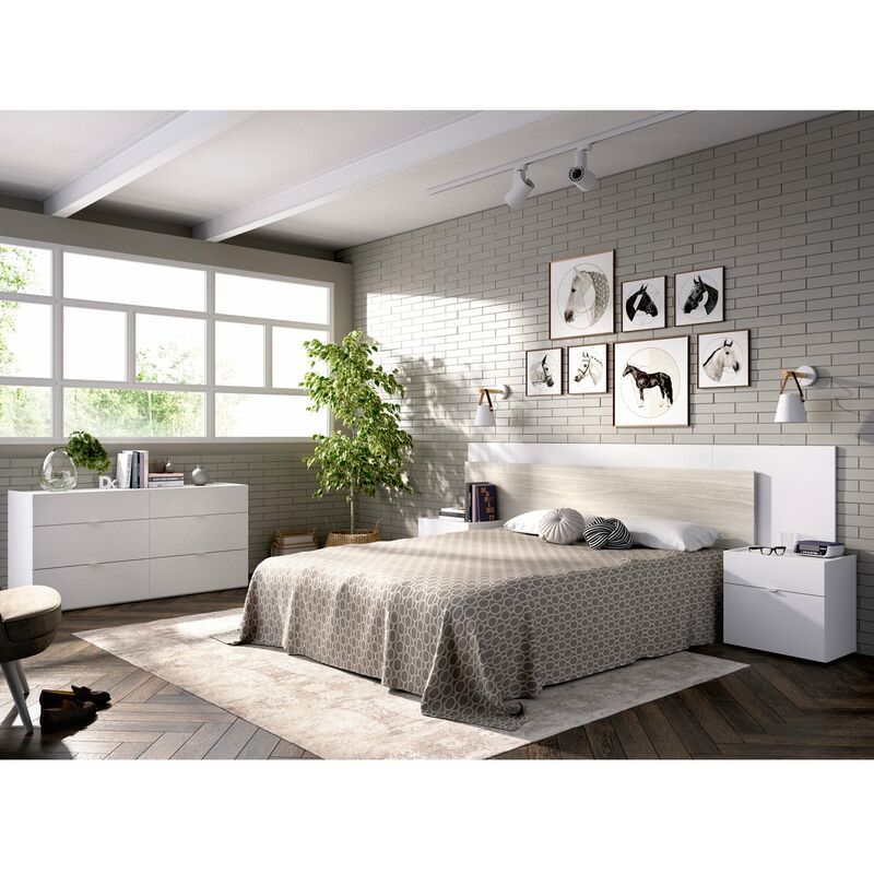 

LO LLEVA TODO Dormitorio , CÓMODA con cama cajones + CABEZAL y MESITAS de noche incluidas, acabado Blanco combinado Gris