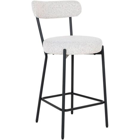 LOANA - Chaise Haute Tissu Bouclé Blanc Chiné Dossier et Pieds Métal Noir