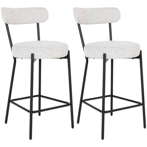 LOANA - Lot de 2 Chaises Hautes Tissu Bouclé Blanc Chiné Dossier et Pieds Métal Noir