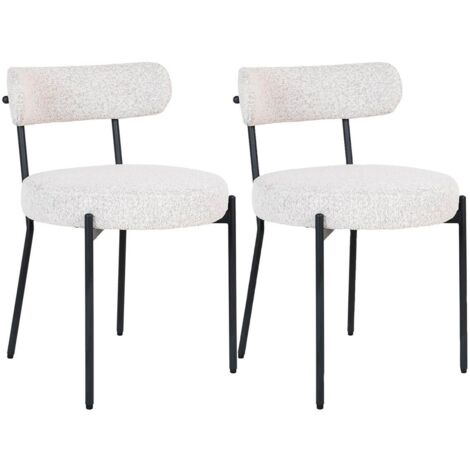 LOANA - Lot de 2 Chaises Tissu Bouclé Blanc Chiné Dossier et Pieds Métal Noir