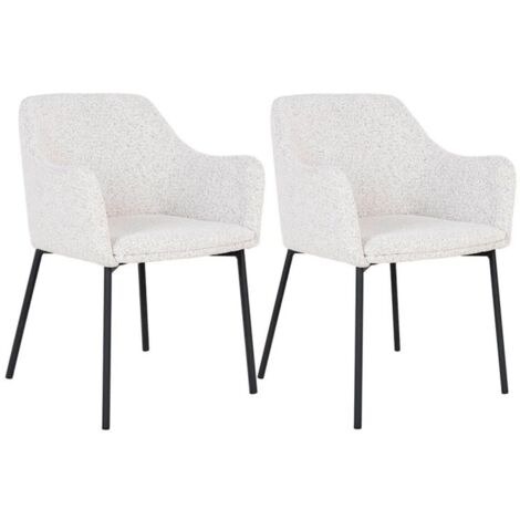 LOANA - Lot de 2 Fauteuils de Table Tissu Bouclé Blanc Chiné Pieds Métal Noir