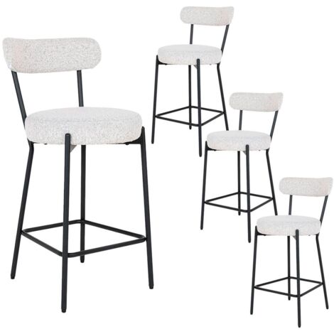 LOANA - Lot de 4 Chaises Hautes Tissu Bouclé Blanc Chiné Dossier et Pieds Métal Noir